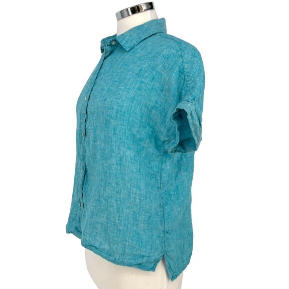 Tahari Turquoise 100% Linen Button-Up Short-Sleeve Shirt Blue Size Small - Picture 5 of 9